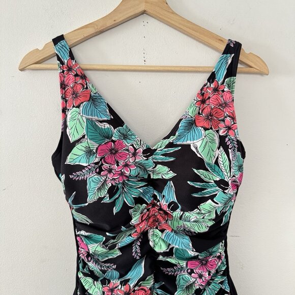 GABAR Swimwear‎ One Piece Swimsuit Bathing Suit Black Floral Tropical Ruching 10 - Picture 3 of 13